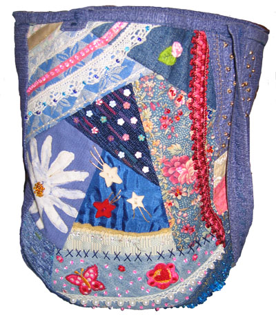 Yvonnes blue tote bag in crazy quilting