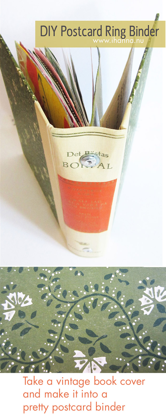Creative Idea: Take a vintage book cover and make a pretty postcard binder - more info at www.ihanna.nu