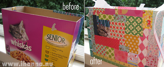 How to cover a whiskas cat food box with paper patchwork, by iHanna at www.ihanna.nu