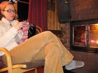 Me knitting on the Raspberry socks in fjällen