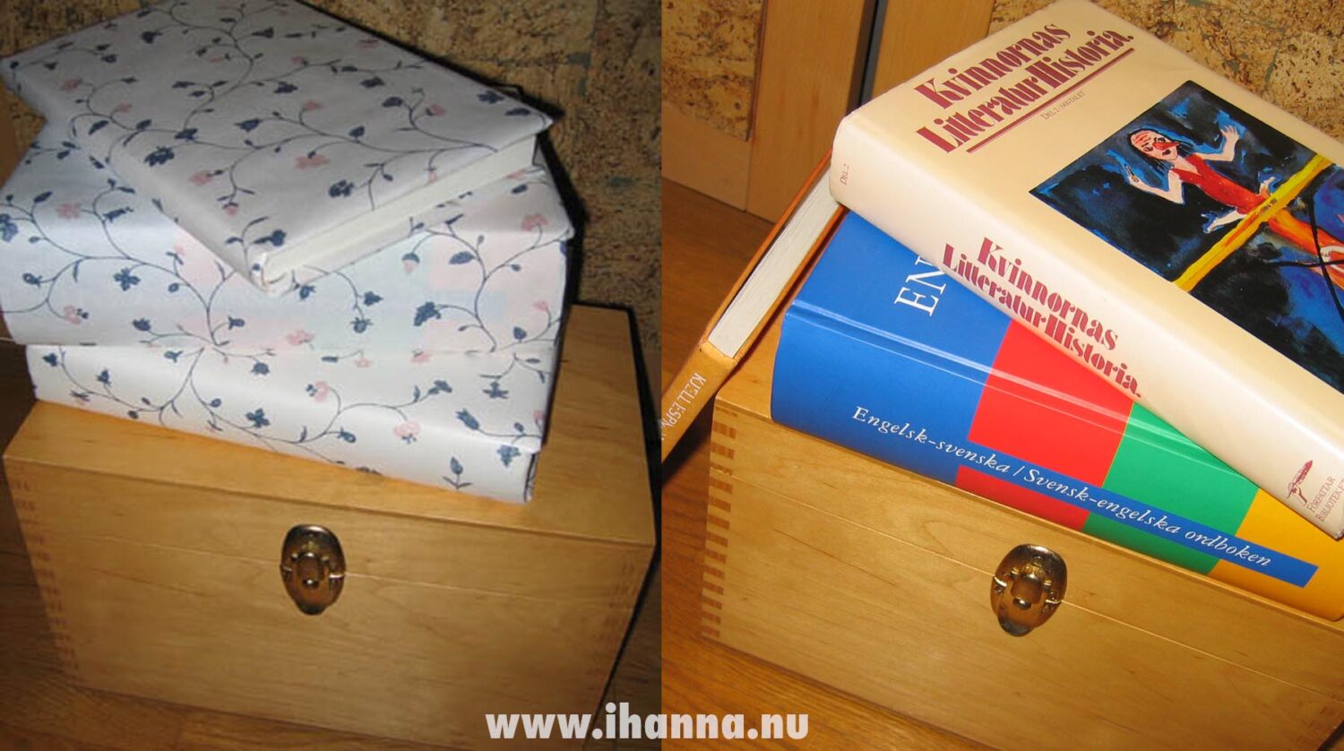 After and before of wrapping old ugly books with wrapping paper to make new dust jackets book covers (Photo copyright Hanna Andersson)
