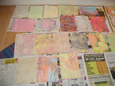 Marbling papers waiting to dry (Copyright Hanna Andersson)
