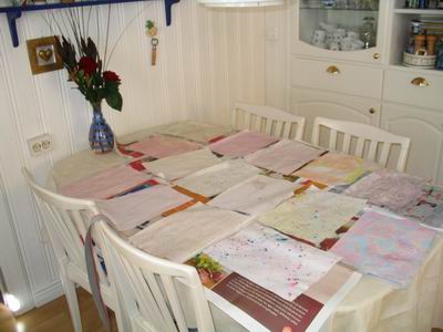 Marbling papers waiting to dry (Copyright Hanna Andersson)