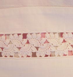 Close up of the bed sheet lace that I used to sew these old fashioned bed linnens