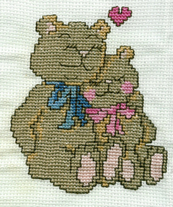 Cross stitch teddy bear pair couple sitting together hugging embroidered by iHanna