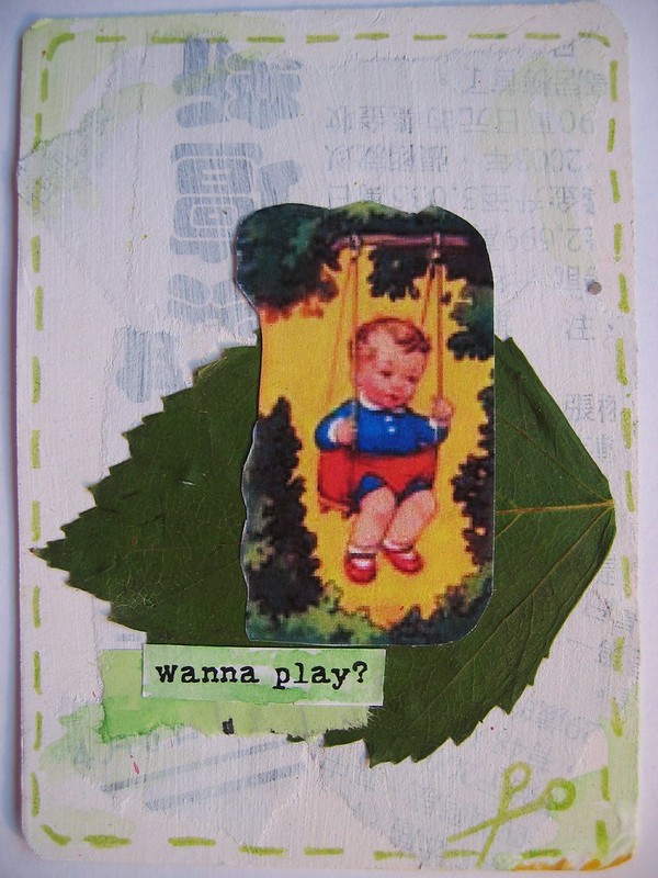Artist trading card wanna play showing little boy on swing scrap die cut illustration card made by iHanna 2005 (Copyright H. A.)