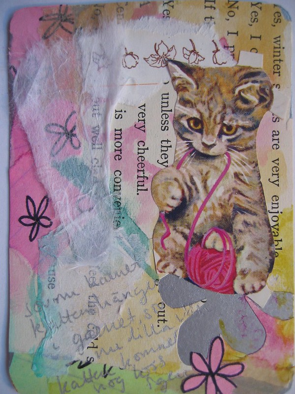 Artist trading card kitten playing with pink yarn showing a scrap die cut image - card made by iHanna 2005 (Copyright H. A.)