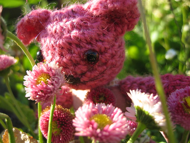 Outdoor photo of the Pink amigurumi cat crocheted free-hand by iHanna 2005 (Copyright H. A.)