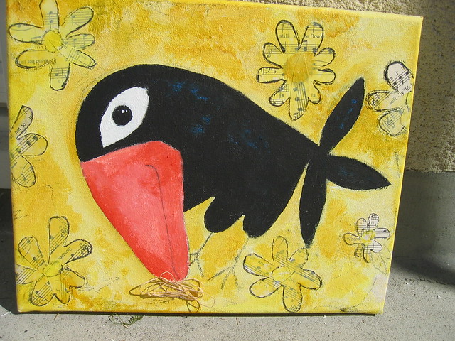 Smiling crow canvas painting by iHanna 2005 (Photo copyright Hanna Andersson)