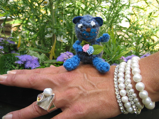 Crocheted Mini teddy bear blue by me (Copyright Hanna Andersson)