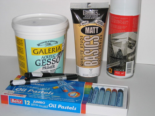 Gesso, gold paint, crayons and other Newly bought art supplies 2005