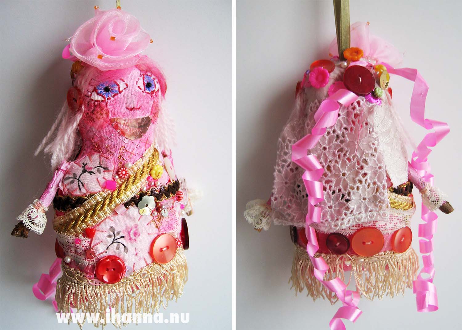 Detail of art doll #2 by iHanna - front and back of mixed media art doll piece, 2005