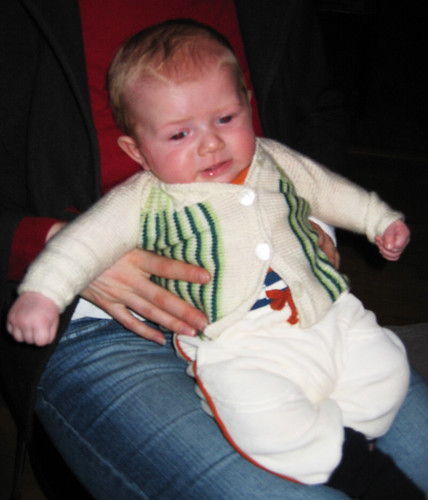 Felix in knitted baby cardigan by fake-aunt Hanna