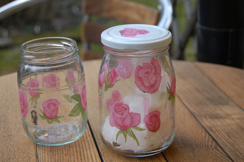 Handmade glass jars with rose napkin decoupage by iHanna (Photo copyright H. Andersson)