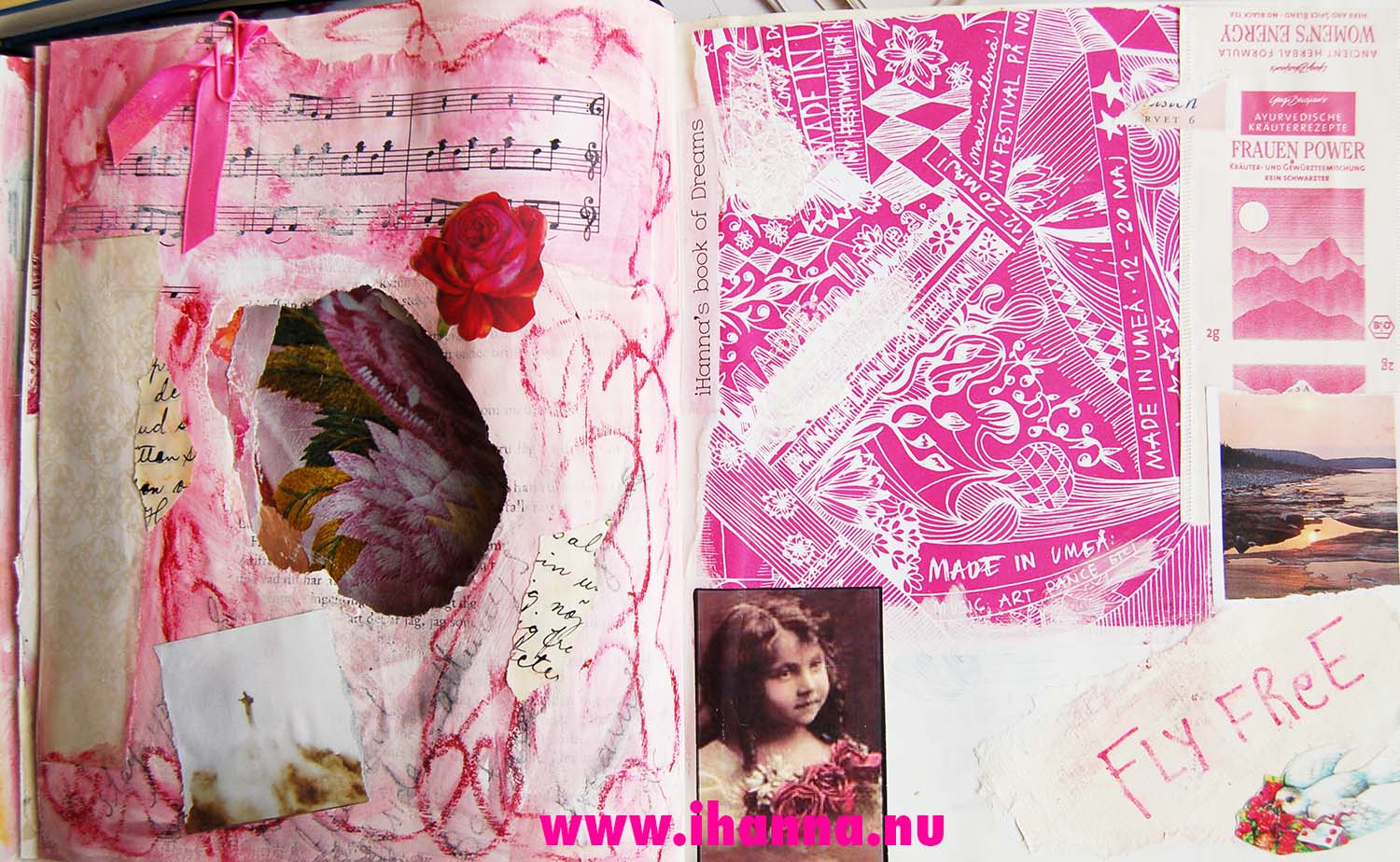 Pink spred in iHannas Book of Dreams Altered book project (Copyright Hanna Andersson)
