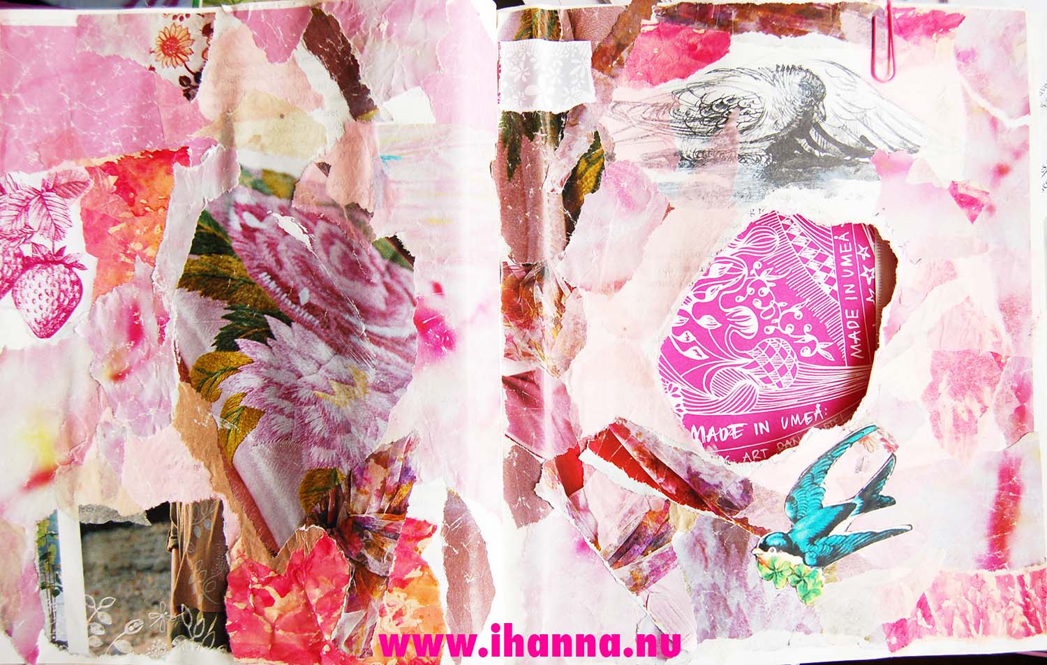 Pink spred in iHannas Book of Dreams Altered book project (Copyright Hanna Andersson)