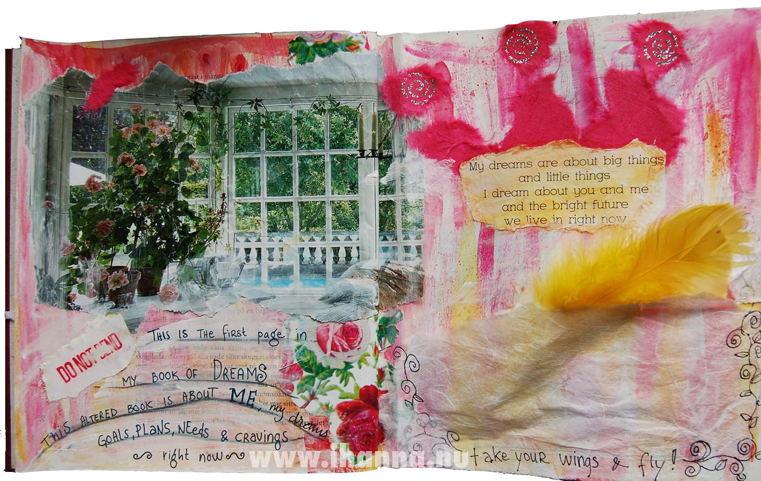 First page in Book of Dreams altered book art journal by iHanna 2006 (Photo Copyright Hanna Andersson)