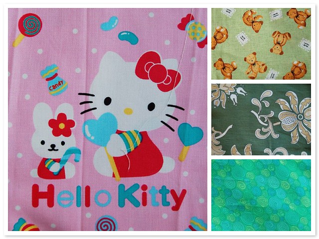 Hello kitty fabric, teddy bear fabric, green fabric bits thrifted (Photo H. Andersson)