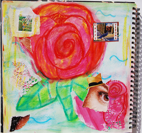 Art journal page in square spiral bound note book Big rose made with water soluble oil pastels (Copyright Hanna Andersson) 2006