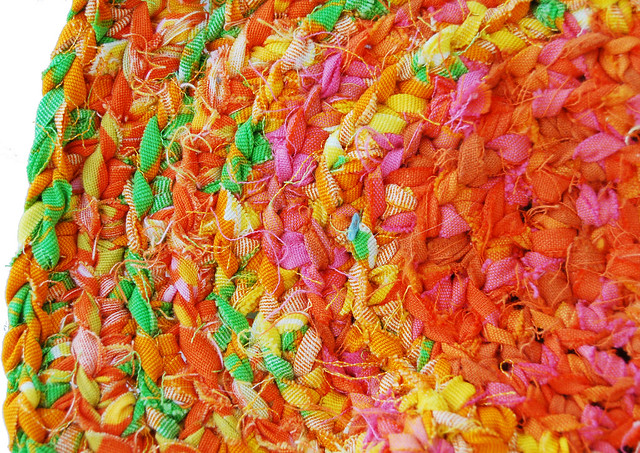 Start of the rag carpet crocheted from fabric yarn WIP (Photo copyright Hanna Andersson) 2006