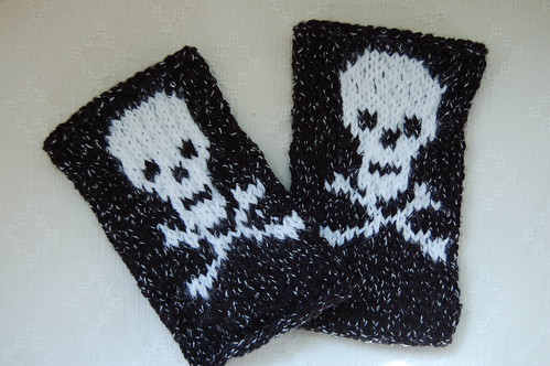 Knitted skull wrist-warmers for my friend Maria (Photo copyright Hanna Andersson)