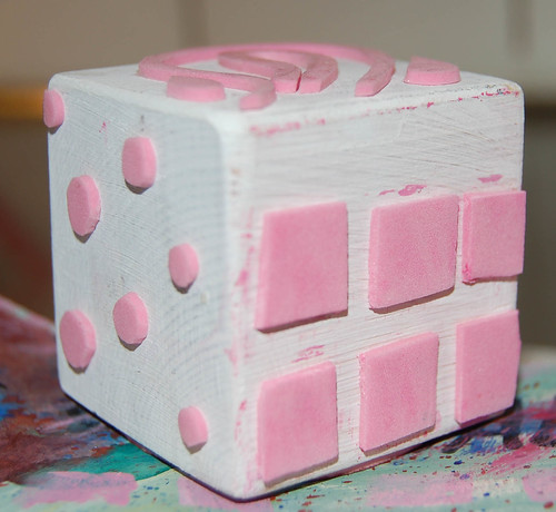 Foam rubber cut into shapes on a cube to use as a mixed media stamp (Photo copyright Hanna Andersson) 2006