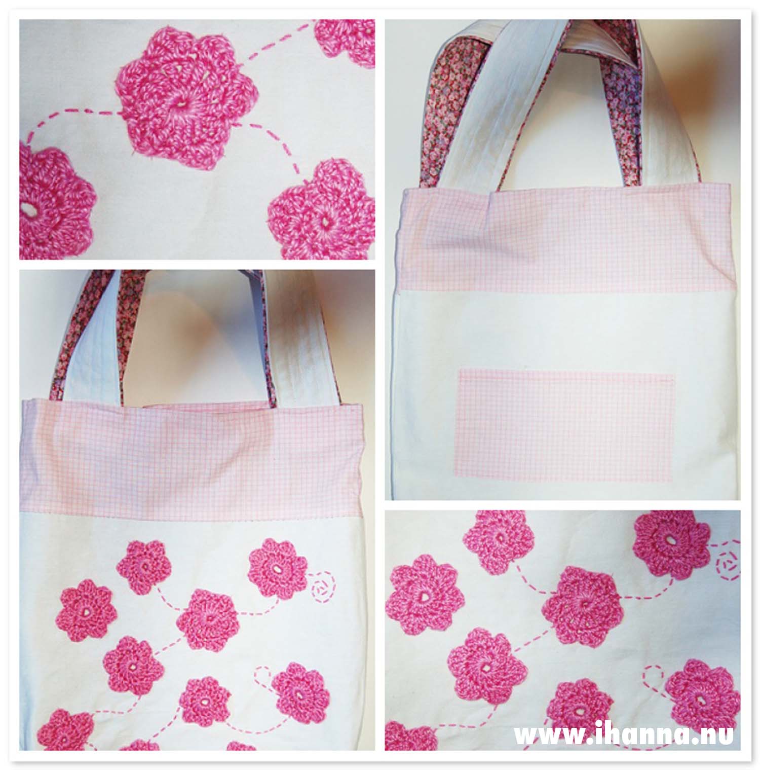 White bag with crocheted flowers designed by iHanna (Copyright Hanna Andersson)
