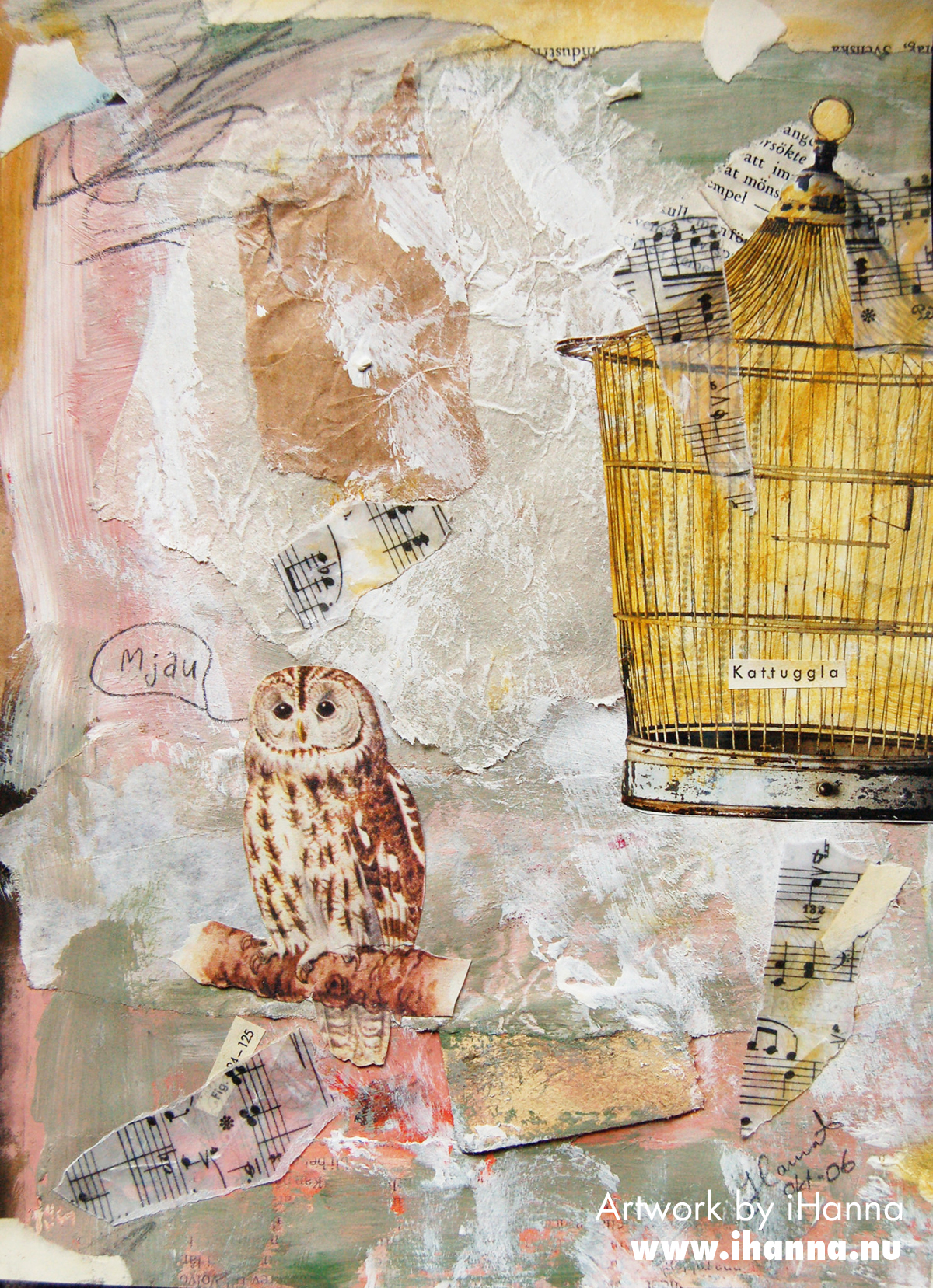 Cat Owl mixed media artwork 2006 by Hanna Andersson - iHanna of www.ihanna.nu #collage