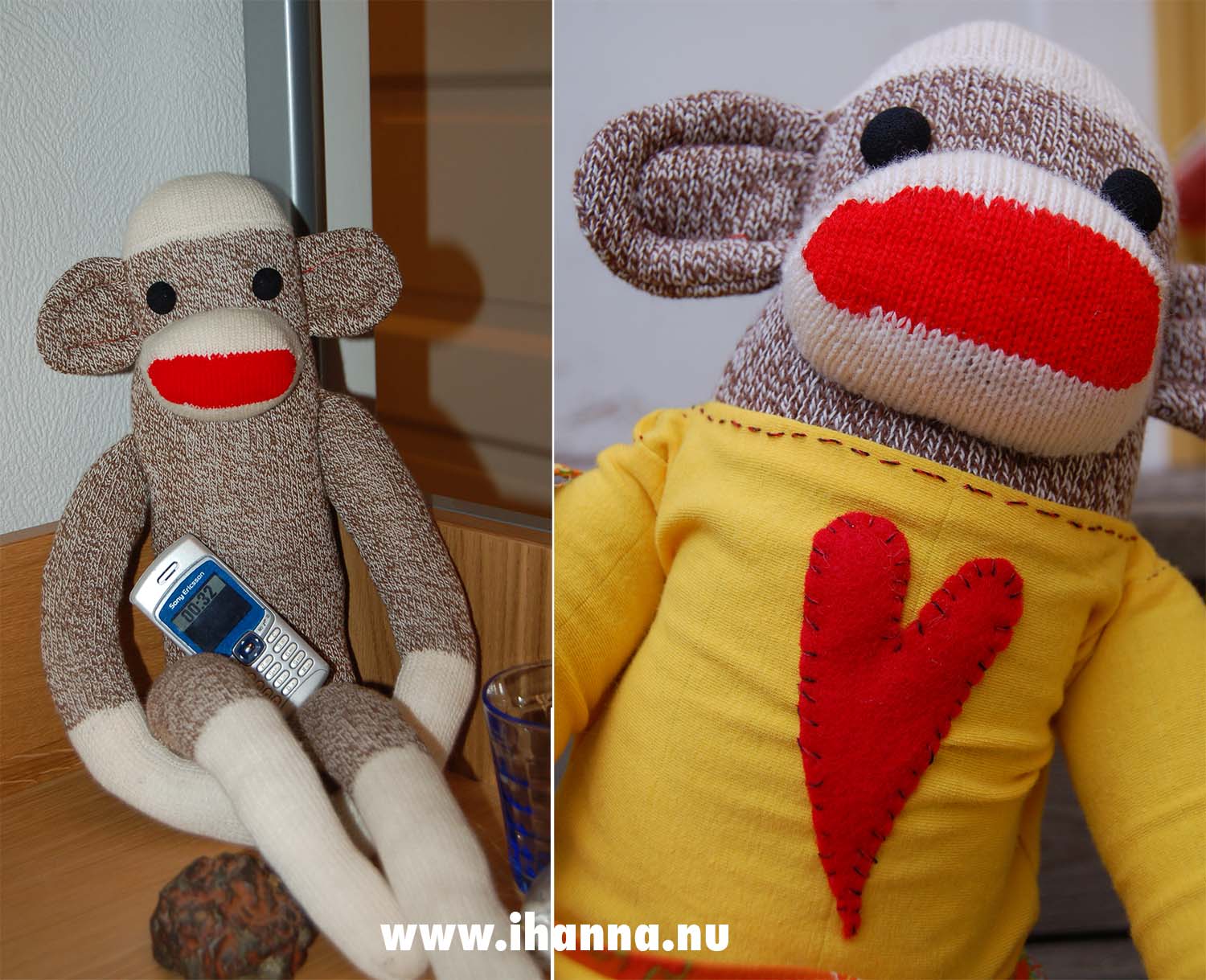 Sock monkey in the nude with cellphone in lap and sock monkey with newly sewn clothes to complete the look (Photo copyright Hanna Andersson)