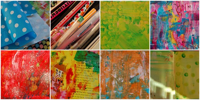Painted background paper experiments with trying out Traci Bautistas ideas of how to smear, stain and spill acrylic paint onto paper (Copyright H. Andersson)