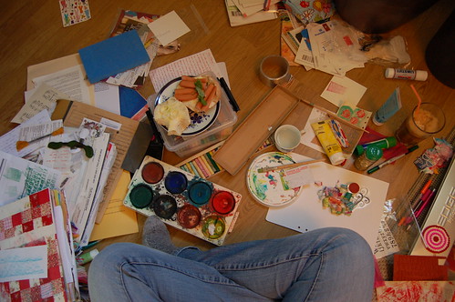 Messy self portrait on the floor and some crayons to experiment with (Copyright Hanna Andersson)