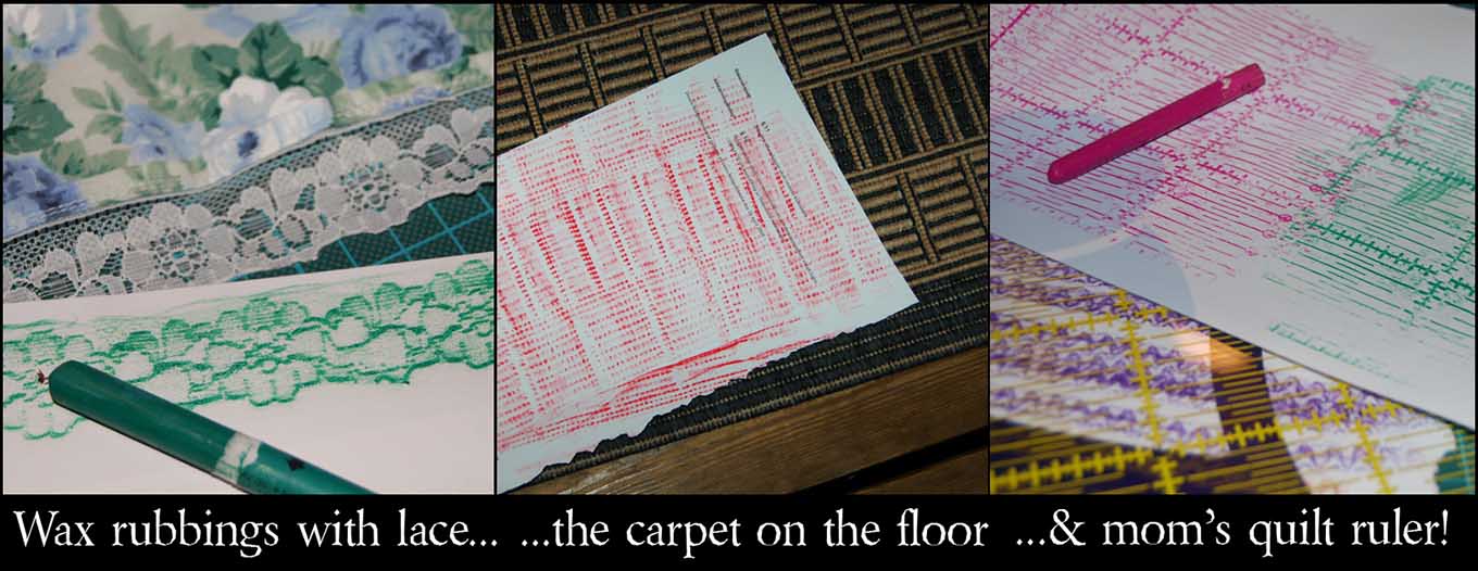 Making a mark and finding textures with crayon rubbings (Copyright Hanna Andersson)