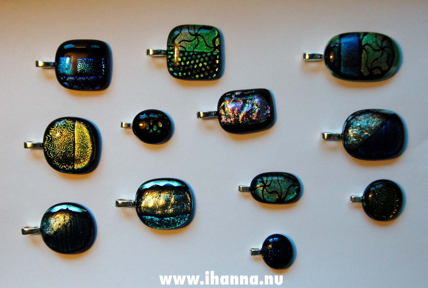 Finished necklace pieces in fused glass by iHanna (Photo Copyright Hanna Andersson)