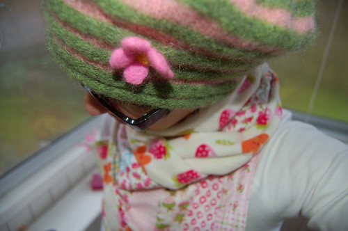 My new knitted pink and green cap made by iHanna (Copyright Hanna Andersson)