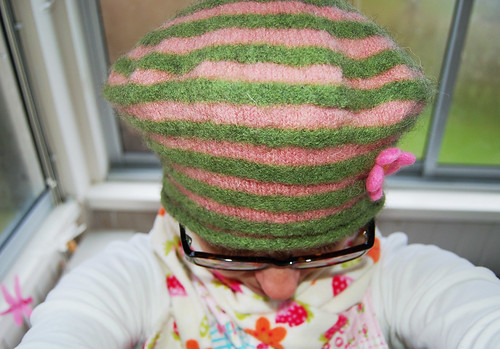 My new knitted pink and green cap made by iHanna (Copyright Hanna Andersson)