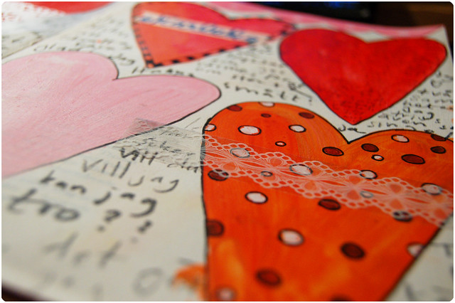 Detail of Art Journal spread with Valentine hearts and deco tape lace painted by iHanna (Copyright Hanna Andersson)
