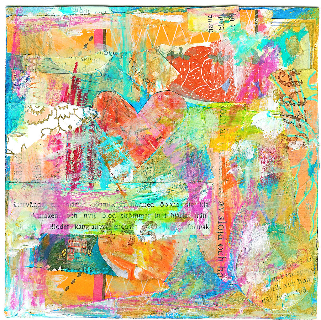 Mixed media art collage by iHanna 2009 titled Nytt blog strömmar in i hjärtat (Copyright Hanna Andersson)