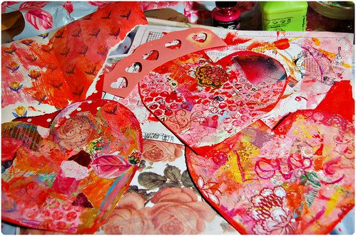 Mixed media process of creating heart shaped collage by iHanna