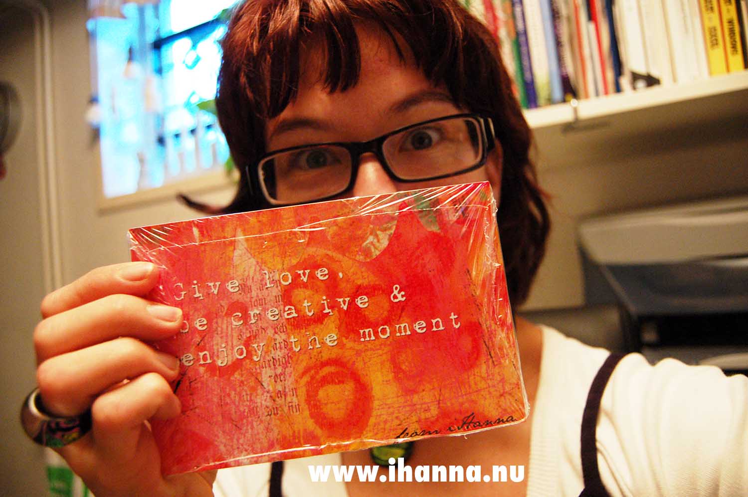 Me showing off the printed version of the encouraging postcards I made and printed at CafePress (Copyright Hanna Andersson)