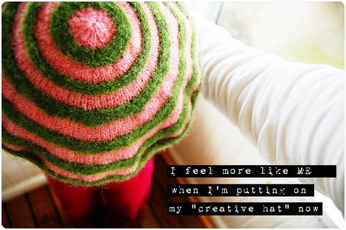 Shyyy! (copyright Hanna Andersson) Me in knitted cap and the text I feel more like myself when I wear my creative hat not by iHanna (Copyright H. Andersson)