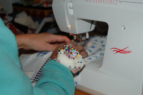 Blue table cloth (copyright Hanna Andersson) Blue table cloth being sewn by my mom 2009 (copyright Hanna Andersson)