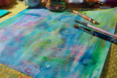 Creating green and blue background papers for mixed media by iHanna