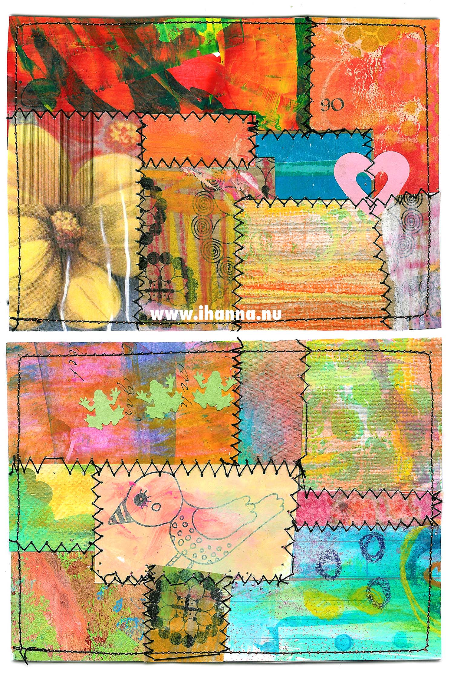 Quilted postcards from painted papers (Copyright Hanna Andersson)