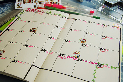 June 2010 spread in my new diary, a Moleskine notebook this time