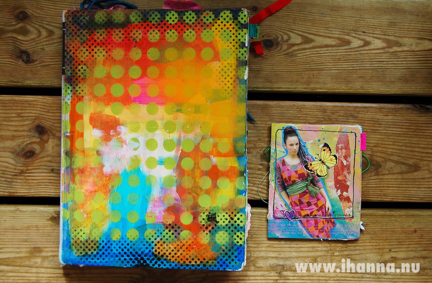 Art Journal & XS journal (Photo by iHanna - Hanna Andersson) Art Journal altered book cover with polka dots and XS journal together on the floor (Photo Copyright Hanna Andersson)