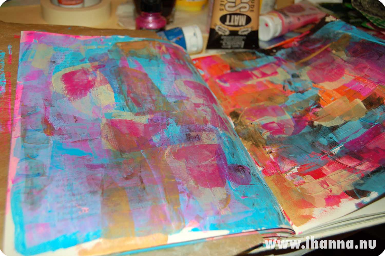 Painting acrylics with a plastic card progress (Photo Copyright Hanna Andersson)