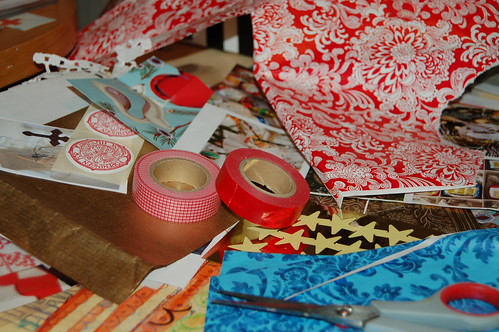 December Journal in progress pages unbound scissors wrapping paper washi tape (Copyright Hanna Andersson) 2010