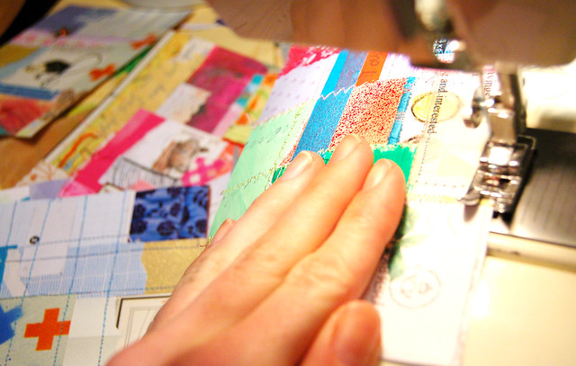 Sewing paper scraps to my DIY Postcards for the DIY Postcard Swap (Photo copyright Hanna Andersson)  