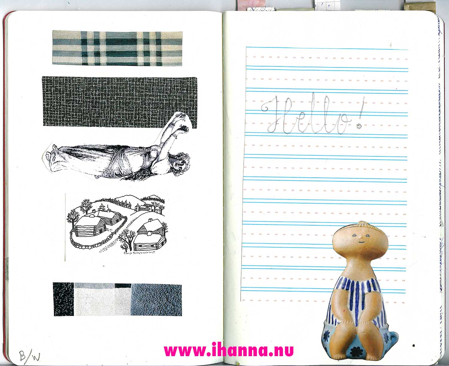 Page form iHanna's Sketchbook project book B/W + Hello Lisa Larsson figure (Copyright Hanna Andersson)