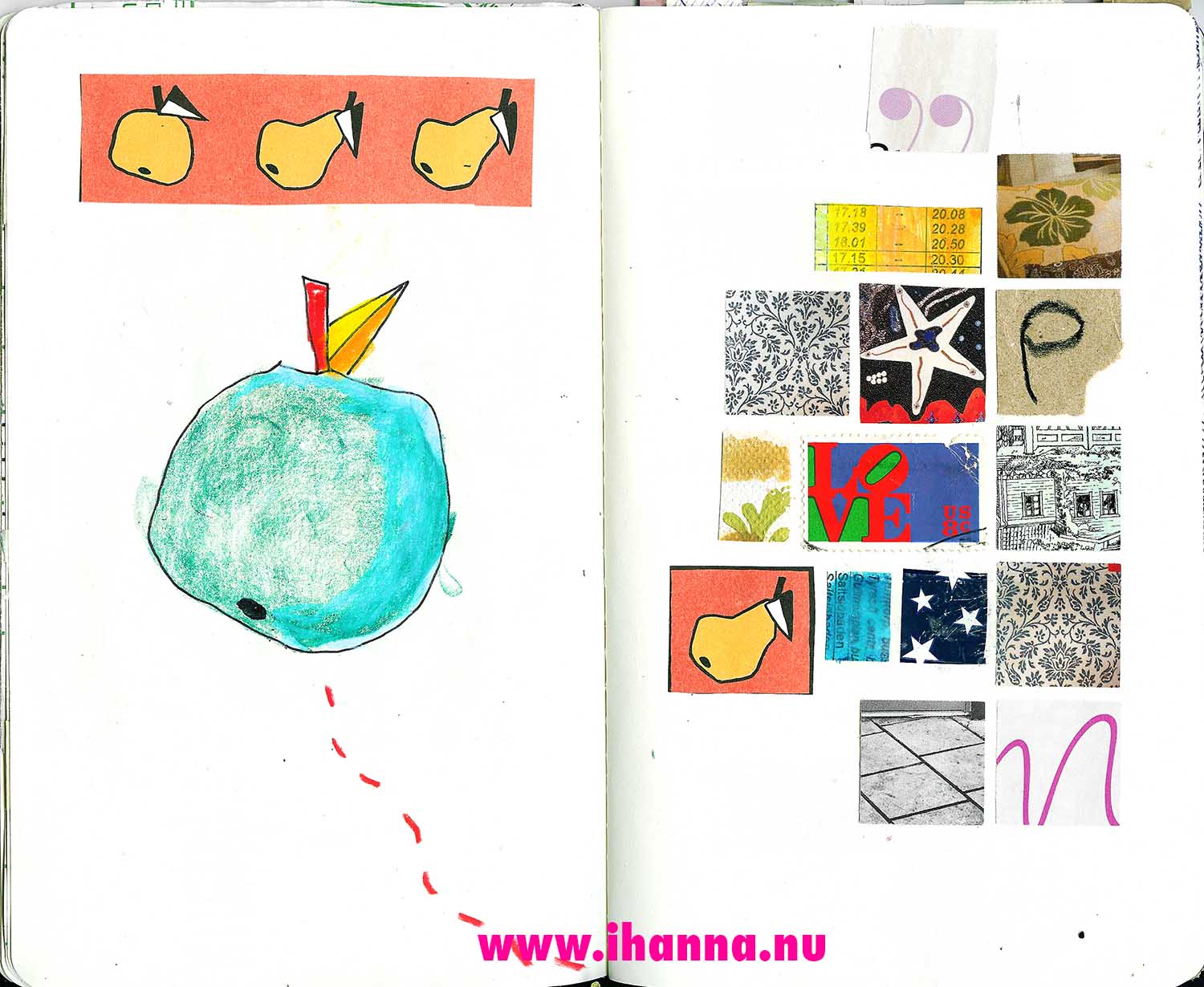 Drawn apple and grid collage in my Sketchbook Project (Copyright Hanna Andersson)